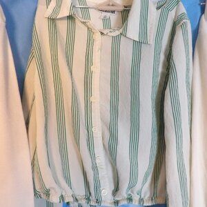 FUTURE COLLECTIVE  XS  White w/ Green Striped  BLOUSE Long Sleeves, Elastic Bttm